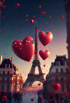 Saint Valentin, f&ecirc;te des amoureux. Paris, capitale de l&rsquo;amour. France romantique. Tour Eiffel avec coeurs en ballons. Carte de voeux, cadeau pour couples. Generative AI.