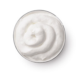 Top view of fresh organic greek yogurt in ceramic bowl