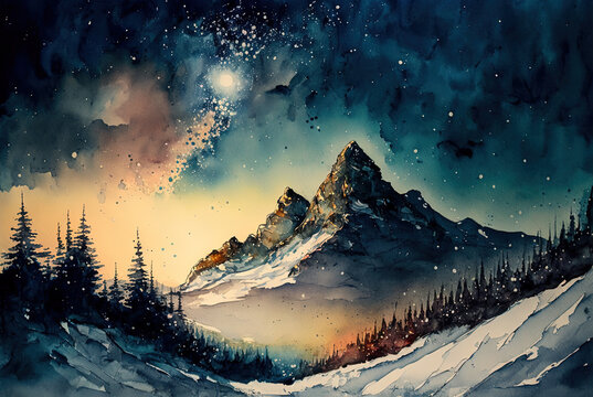 Watercolor winter landscape painting. Forest and mountains on a starry night. Ai generated