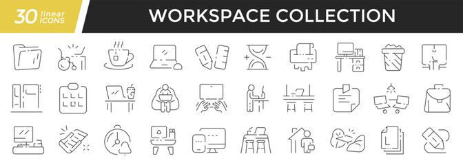 Fototapeta na wymiar Workspace linear icons set. Collection of 30 icons in black