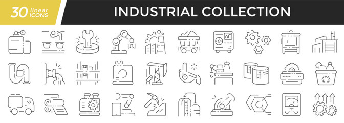 Fototapeta na wymiar Industrial linear icons set. Collection of 30 icons in black