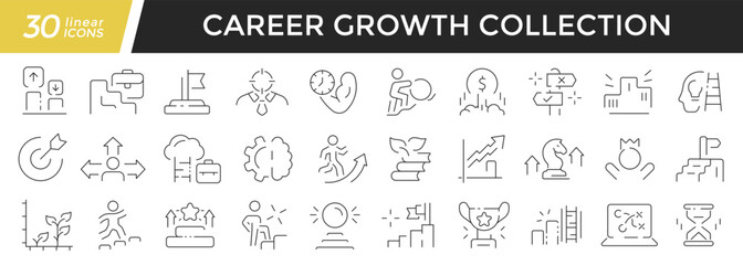 Fototapeta na wymiar Career growth linear icons set. Collection of 30 icons in black