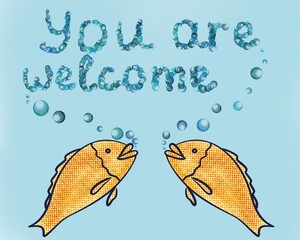 welcome banner with speaking fish, cute fish