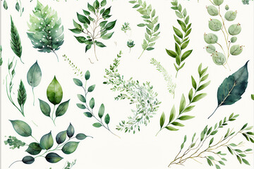 Watercolor floral illustration set - green leaf branches collection, wallpapers, background,  AI