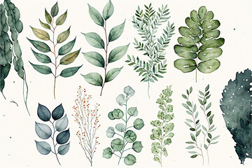 Watercolor floral illustration set - green leaf branches collection, wallpapers, background,  AI