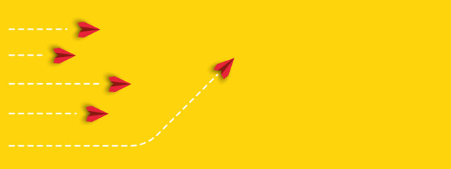paper airplanes. red plane changing road. Different thinking, Business leader, personality development idea concept.