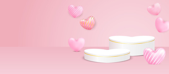 Valentine day theme product display podium. Design with heart on pink background. Vector.