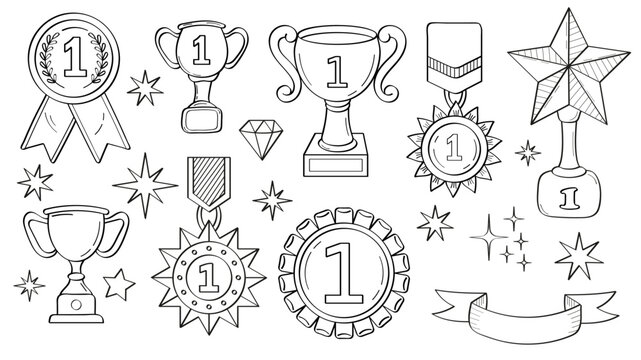 First place doodle icon. Medals and diploma set vector. Champion cup in sketch style. Awards, trophy cups, stars. Winner prize, champion cup, ribbon in hand drawn style.