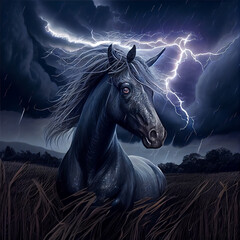 Obraz na płótnie Canvas Fantasy black unicorn in a storm, generative ai