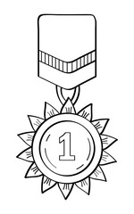 First place doodle icon. Medals and diploma vector. Awards, trophy cups, stars. Winner prize in hand drawn style.