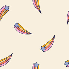 Seamless retro groovy pattern. Groovy power. Cartoon naive vector design with stars with tails and comets. Style of the 60s, 70s, 80s.
