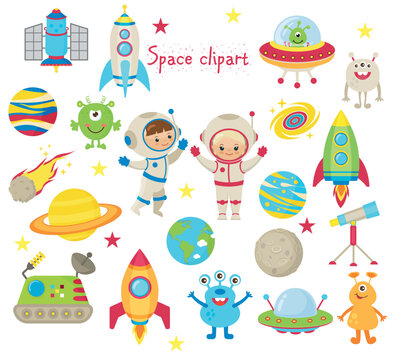 Vector space clipart, images of aliens, spaceships, astronauts, planets.