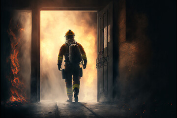 Fototapeta na wymiar Firefighter entering a building with fire. Ai generated art