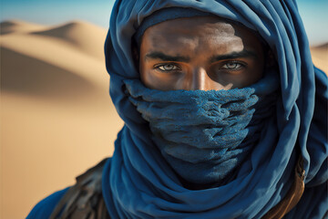 photography closed shot portrait of berber gaze dressed in blue in the sand desert. Ai generated art