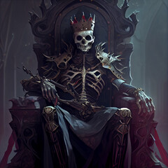 Skeleton sitting on throne weating a crown, generative ai