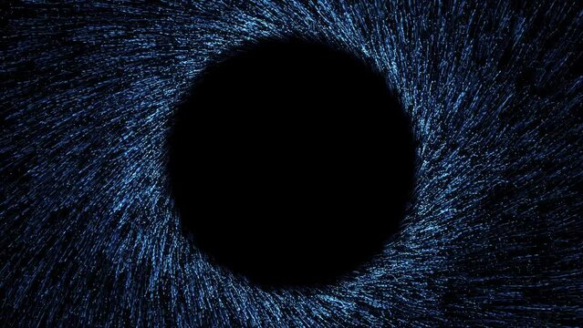 Luminous blue particles swirl in mesmerizing vortex with copyspace in center. Perfect for adding message or logo. 4K seamless loop on black background with glowing spiral motion. 