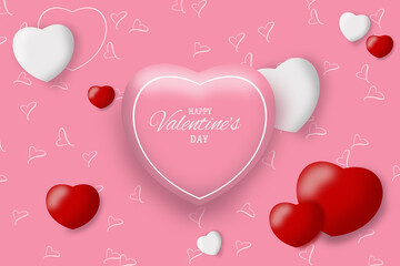 Valentines day card with 3D hearts of different colors and sizes on a pink background and white hearts