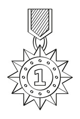 First place doodle icon. Medals and diploma vector. Awards, trophy cups, stars. Winner prize in hand drawn style.