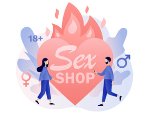 Sex shop. Female and male sex symbol. Adult store. Erotic concept. Heart in fire sign. Modern flat cartoon style. Vector illustration on white background
