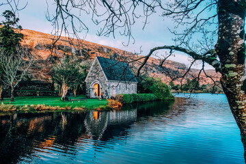 Gouganebarra Lake and the river Lee outside of Saint Finbarr's Oratory chapel.