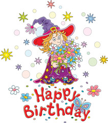 Obraz na płótnie Canvas Happy birthday card with a funny little witch holding a beautiful bouquet of summer flowers, vector cartoon illustration isolated on a white background