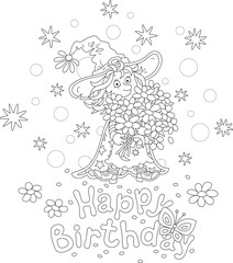 Happy birthday card with a funny little witch holding a beautiful bouquet of summer flowers, black and white outline vector cartoon illustration