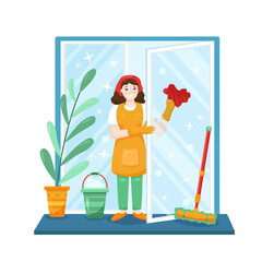 Flat young woman cleans and washes window at home background. Vector cartoon illustration with bucket and foam in bright colors. Square image of cute female character with smile for poster or concept