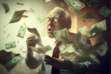 Old man billionaire with money flying around. Illustration epic money moment. Stonks. Generative AI.