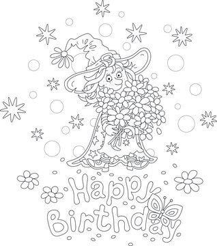 Happy birthday card with a funny little witch holding a beautiful bouquet of summer flowers, black and white outline vector cartoon illustration