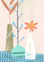 Watercolor painting of flowers in  a vase. monimal art, abstract artwork.