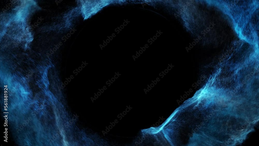 Poster abstract luminous blue particles vortex with copyspace in center. perfect for adding message or logo