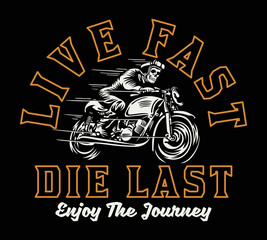 Skeleton Rider on Vintage Motorcycle Illustration with Live Fast Slogan Vector Artwork on Black Background For Apparel and Other Uses