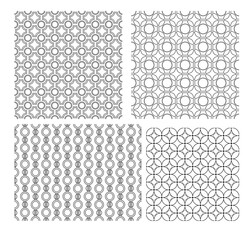 Set of geometric seamless decorative vector abstract black and white patterns with circles various shapes and elements.