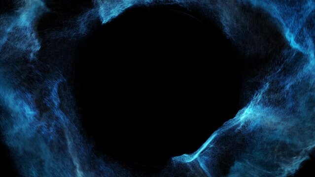 Abstract Luminous blue particles vortex with copyspace in center. Perfect for adding message or logo. dot light glow, particle tornado on black background. 4K loop