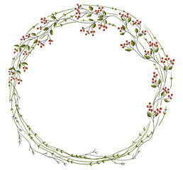 Hand drawn decorative vector floral frame with red berries and green leaves.