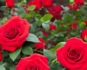 Naklejka premium Close-up of vibrant red roses on bush with green leaves
