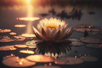 waterlily on the lake at sunset. Generative AI
