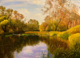 Original oil painting. Painted autumn landscape. Beautiful lake. Orange trees.  
