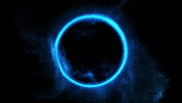 lightning blue ring. Shining plasma particles in motion. electricity, Plasma ring on a dark background. 4K loop