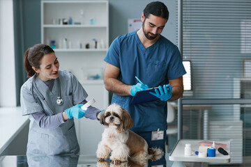 Young male veterinarian making medical notes while his assistant examining dog