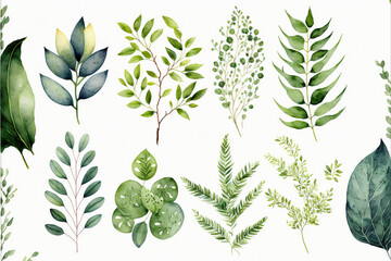 Watercolor floral illustration set - green leaf branches collection, wallpapers, background,  AI