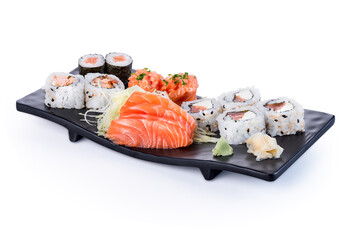 Traditional japanese sushi pieces on white background
