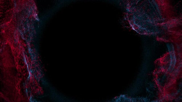 Abstract Pulsing Particles in motion graphic element. perfect for background or logo placement. Particle flowing with motion creating a plasma, portal effect or beating heart pulse. 3D render, 4K loop