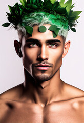 portrait of a Latino man with crown of green clover leaves, spring and Saint Patrick's Day celebration, Generative AI