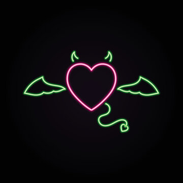 Vector illustration on the theme of valentine s day. Heart with devil horns and wings with neon effect