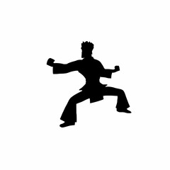 Fototapeta na wymiar The silhouette of a kung fu fighter, black and white shape from comics, cartoons or video games, over a white background. Dynamic pose. 
