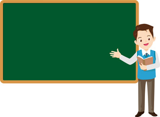 Teacher in classroom.School teacher,educational worker standing beside chalkboard