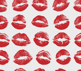 Seamless pattern Red lipstick kiss on white background. Vector flat illustration for design. Printing of the lips.