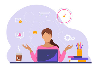 Calm young woman relaxing meditating with laptop, no stress free relief at work concept, mindful businesswoman or student practicing breathing yoga exercises at workplace.