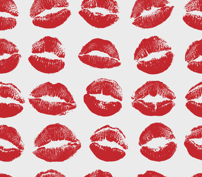 Seamless pattern Red lipstick kiss on white background. Vector flat illustration for design. Printing of the lips.